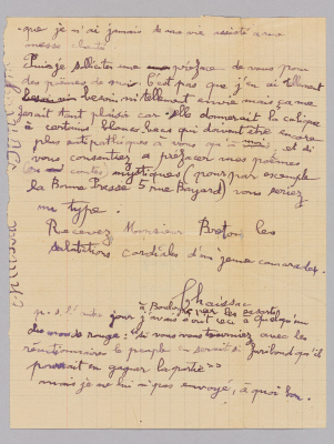 Lettre manuscrite de Gaston Chaissac à André Breton