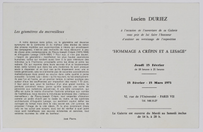 Carton d'invitation Galerie Duriez