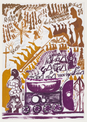 Donna, carro con barche viola e uccelli
(Femme, chariot avec barque violette et oiseaux)