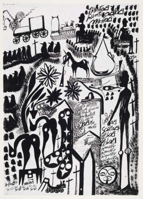 Grandi fiori, figure e maschena neri
(Grandes fleurs, personnages et masques noirs)