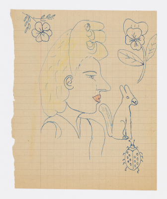 Femme de profil, lapin, fleurs, insecte / Bouquet de fleurs