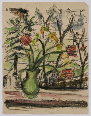 Vase de fleurs et paysage